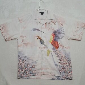 Oscar Misa Shirt Mens Large Pink Bird Print Japanese Style Button Up Polyester